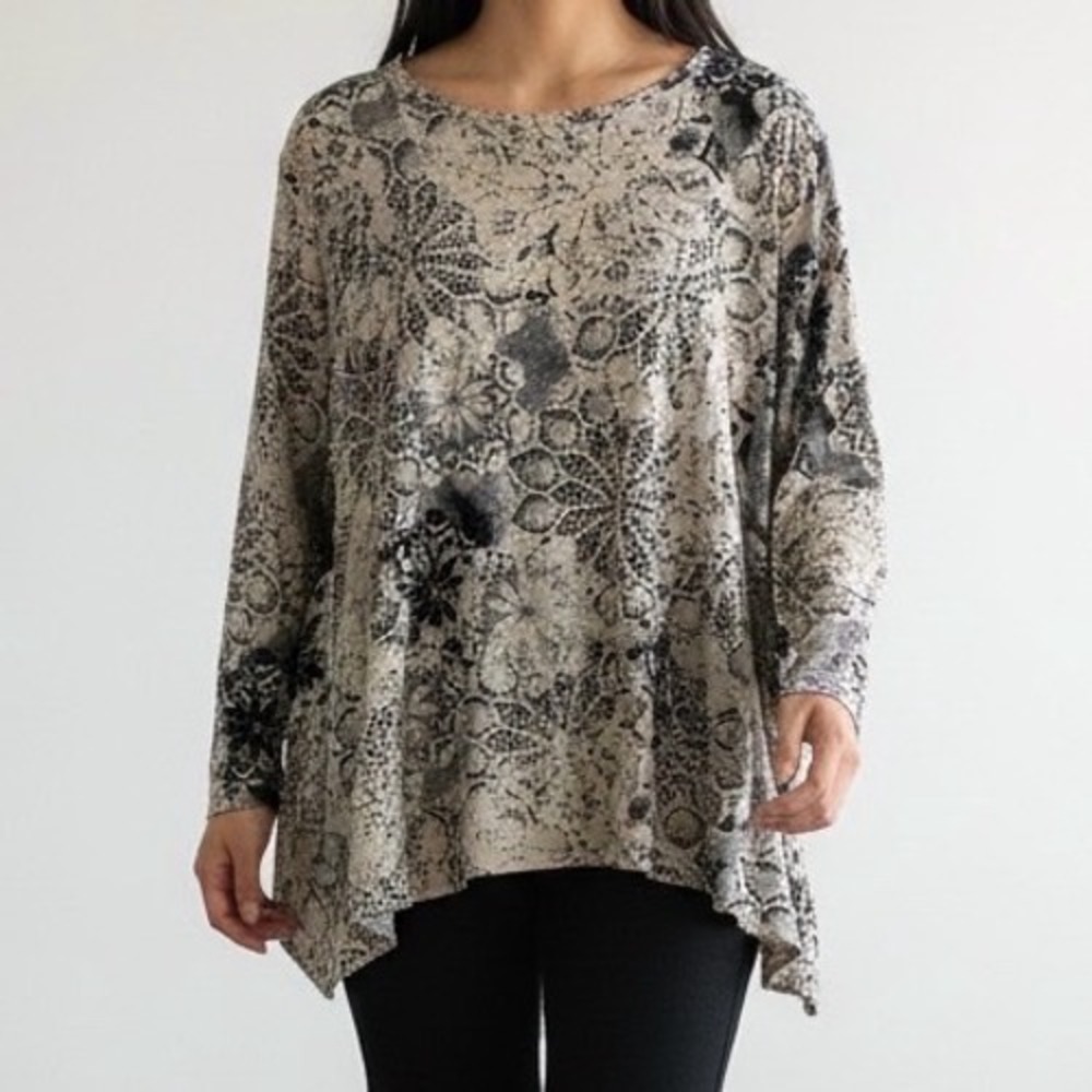 Peruvian Connection Floral Pima Cotton Bateau Neck Long Sleeve Tunic Top sz M/L